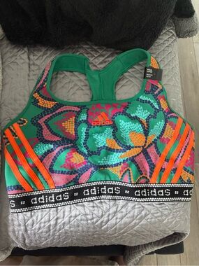 adidas Green Floral Racerback Sports Bra with Pink and Orange Accents